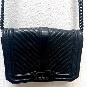 Rebecca Minkoff Chevron Quilted Love Black Leather Crossbody. Adjustable strap